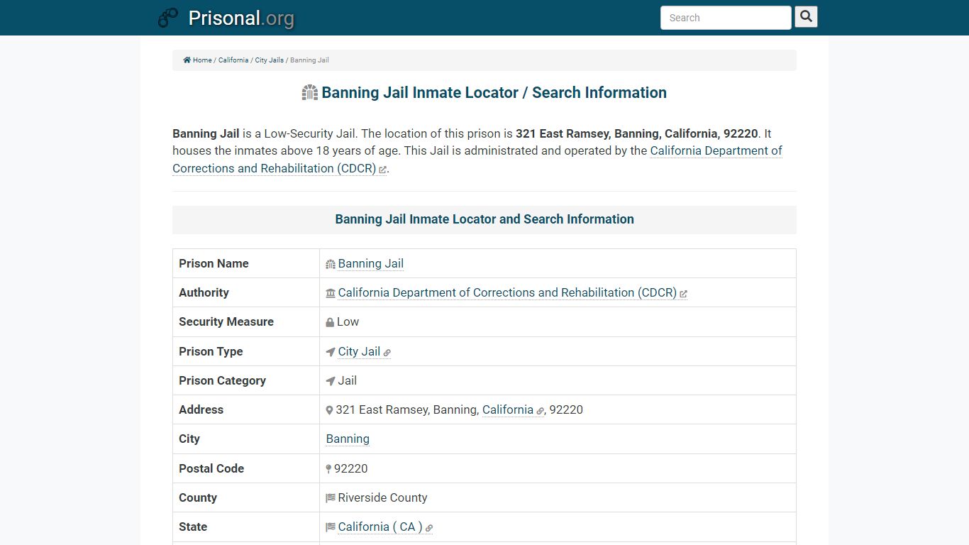 Banning Jail-Inmate Locator/Search Info, Phone, Fax, Email ...