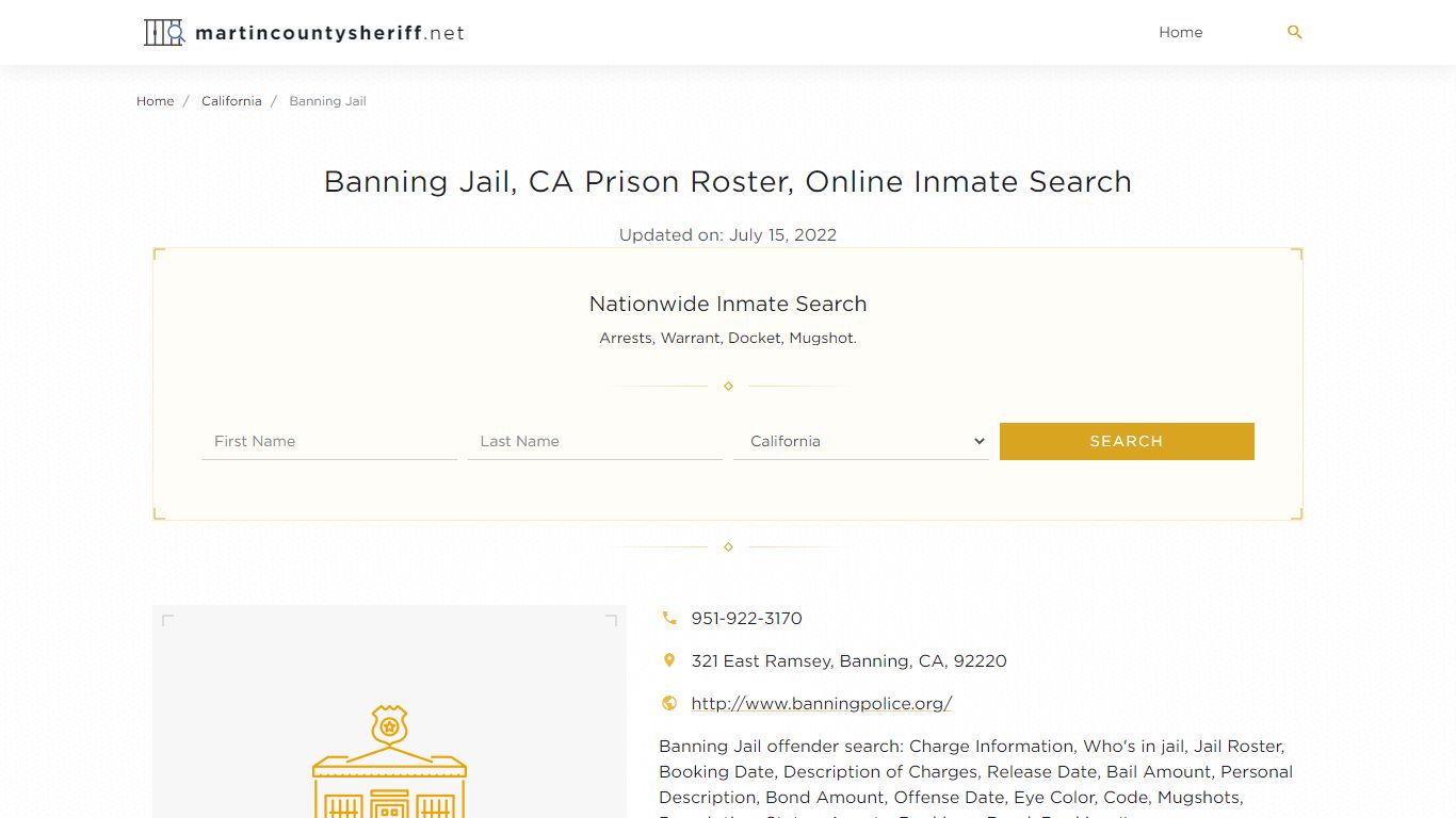 Banning Jail, CA Prison Roster, Online Inmate Search ...